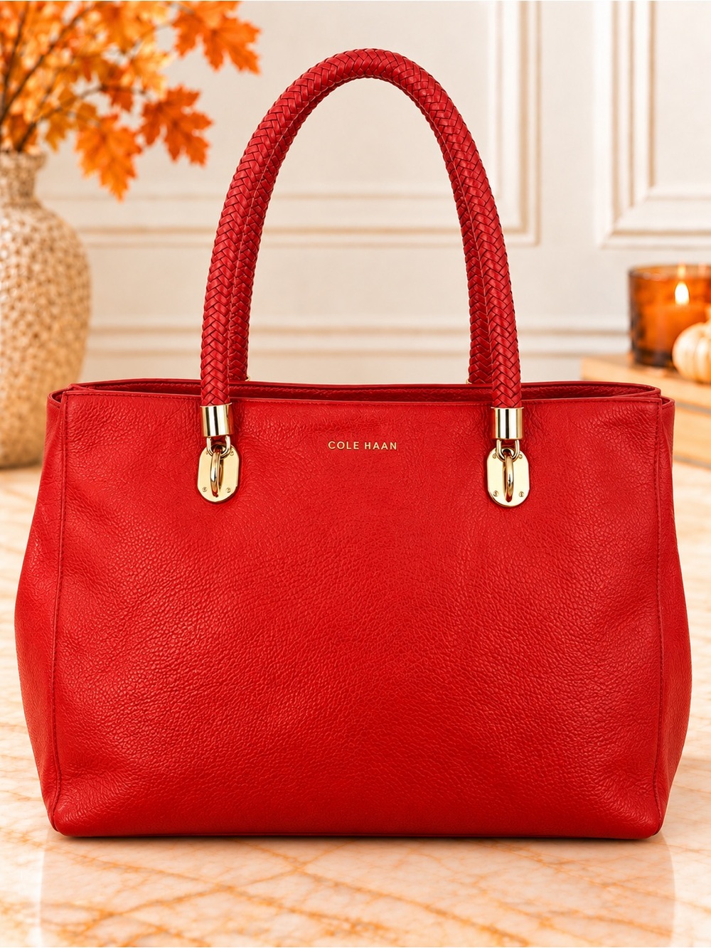 Cole Haan Red Pebbled Leather Tote Bag Braided Handles Gold Hardware